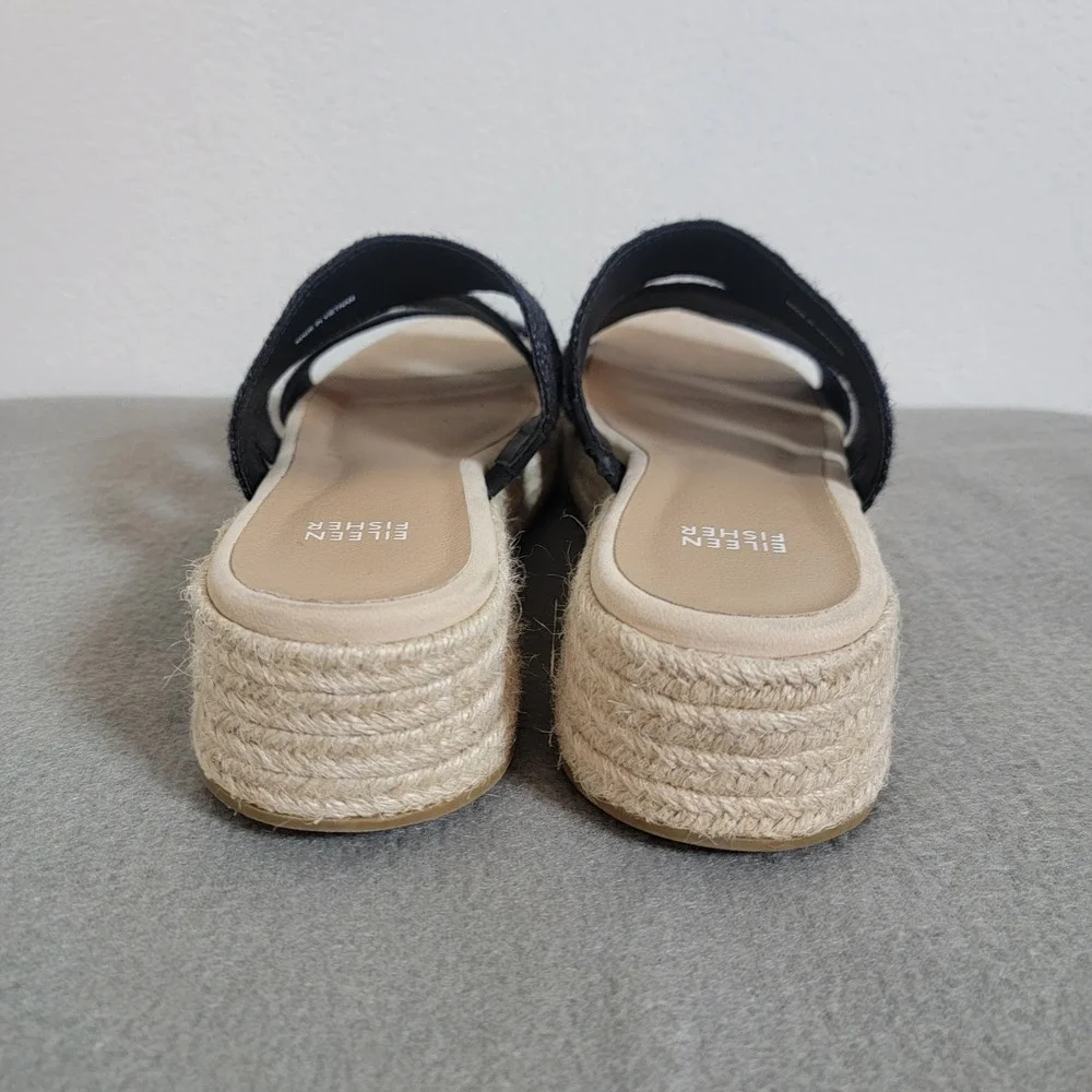 Eileen Fisher Mayla Black Jute Espadrille Platform Sandals Beach Coastal 8 EUC